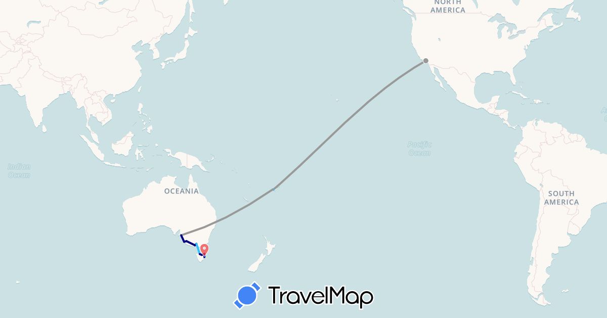 TravelMap itinerary: driving, plane, hiking, boat in Australia, Fiji, United States (North America, Oceania)